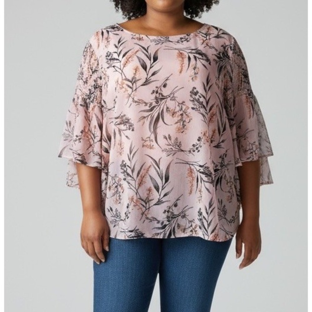 ALYX Pink Floral Blouse Top XL Sheer Bell Sleeve Lined‎ Lightweight Dressy